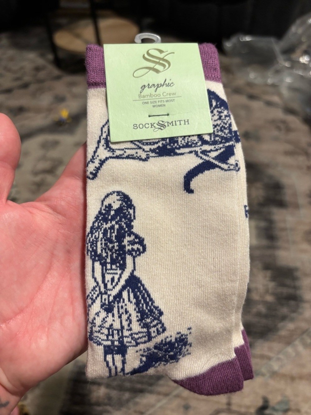Socksmith Women's Beige and Navy Bamboo Crew Socks with Purple Cuff